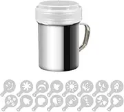 Stainless Steel Powder Shakers, Mesh Shaker Powder Cans for Coffee Cocoa Cinnamon Powder with Lid, with 16 pcs Printing Molds Stencils