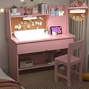 SFDOU Kids Study Desk with 3-Color Lights, Pink Desk and Chair Set for 5-12 Year Old, Drawing Desk with Wooden Tabletop Paper Roll Dispenser, Study Table with Drawers and Storage Shelf-HD40
