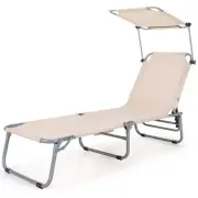 Chaise Lounge W/Sunshade Patio Beach Foldable Adjustable Sunshade Lounge, Beige