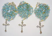 SET of 3 Rosaries Light-Blue crystal beads 6mm with shapely cross. Real Bargain!
