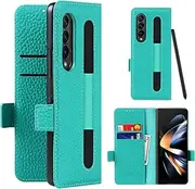 [Cavor] Wallet Case for Samsung Galaxy Z Fold4 5G Phone Cover with S-Pen Holder Litchi Pattern Cowhide Genuine Leather Cases Folio Flip Cover Card Slots Magnetic Closure Kickstand-Green