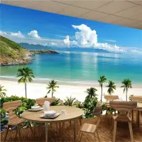 在飛比找樂天市場購物網優惠-大海沙灘墻紙8d客廳臥室電視背景影視墻餐廳地中海椰樹風景壁紙