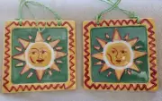 Hand Painted Mexican Sun Tiles and 4x4 Set of 2 Wall hangings Bright colors