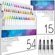 [CHROMATEK] Watercolour Brush Pen Set 54, Tutorial Pad and Online Video Tutorial Series Real Brush Tip. Vivid. Smooth. Blendable. 50 Colors, 4 Blending Brushes Set