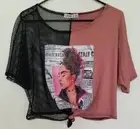 LOVE J Crop Top Fish Net Shirt XL Tie Front Diamond Newspaper Black Pink Mauve