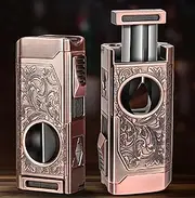 5in1 Cigar Lighter 4 Jet Flame,Refillable Butane Lighter with Cigar Cutter V Cut Cigar Punch Cigar Holder Cigar Draw Enhancer for Mens (Pink)