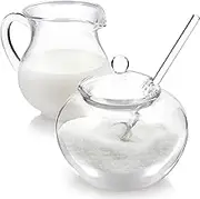 Teabloom Stain-free & Odor-free Borosilicate Glass Sugar and Creamer Set - Tea or Coffee Serving Set includes Cream Pitcher, Sugar Bowl with Lid and Spoon (Serves up to 3-4 People)