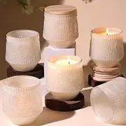 LAMORGIFT 6 Pack Milky White Glass Jars for Making Candles - Large 13.5oz With Wooden Lids and Labels, Empty Containers Vessels for Candle Making Supplies