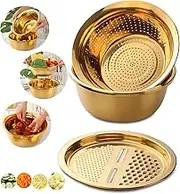 QIBORUN 3PC/Set Colander Set Stainless Steel Vegetable Slicer Fruit Potato Peeler Carrot Grater Strainer Utensil Round Rice Washer Bowl Drain Basket-Gold