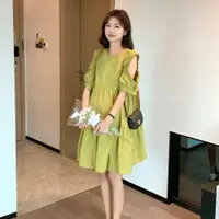 在飛比找Very buy優惠-夏季孕婦裙時尚歐美露肩袖圓領洋裝韓版寬鬆休閒潮媽短袖裙