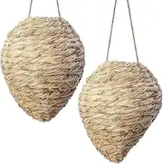DECOHS 2 Pack Woven Reed Wasp Nest Decoy, 9.5 x 7.5 Inch Hanging Fake Wasp Nests Decoration, Faux Hornet Nest Wasp Deterrent for Outdoor Garden Yard Patio Eaves