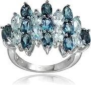 [Ice Gems] Sterling Silver Genuine London Blue Topaz and Blue Topaz Oval-Cut Cluster Ring