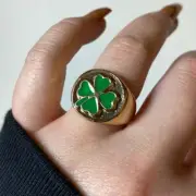 Men's Solid Metal Pinky Clover Green Enamel Ring 14K Yellow Gold Plated Silver