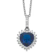 Sterling Silver Cheryl M Rhodium-Plated 100 Facet Lab Created Dark Blue Spinel And Brilliant-Cut White Cz Heart Halo 18 Inch Necklace