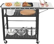 4 Tiers Grill Cart Table with Foldable Side Table, 31.5x20x33 inch Movable Kitchen Cooking Prep Table with Lockable Wheels for Outdoor Dining, Backyard BBQ Grill Cart