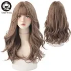 WIGS Popular Brown Ash Long Deep Wave Hair Lolita Wigs with Bangs Synthetic