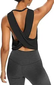 [Bestisun] Women's Crop Top Workout Shirt Open Back Cropped Athletic Tank Tops Yoga Flowy High Neck Clothes