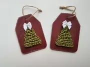 Christmas Ornament - Wood And Crochet Tree - 2 Total-Rustic Red & Green