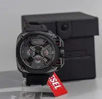 在飛比找Yahoo!奇摩拍賣優惠-DIESEL Bamf 黑色錶盤 黑色橡膠錶帶 石英 三眼計