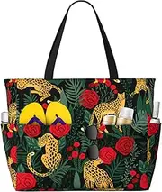 [Ghjkfbf] Leopard And Roses Print Large Capacity Beach Travel Bag For Family, Beach Tote Bag For Women With Zipper Pockets, Black, One Size