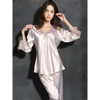 在飛比找ETMall東森購物網優惠-夏女仿真絲長袖套裝時尚綢緞睡衣