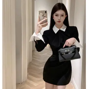 韓版時尚黑色襯衫洋裝女裝緊身收腰撞色拼接翻領長袖包臀緊身洋裝