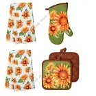 5 PIECE SET Sunflower Kitchen Linen Towels Oven Mitt Pot Holders