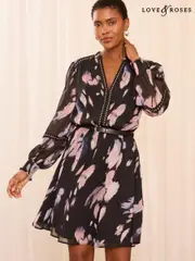 Love & Roses Black Feather Stud Trim Printed Mini Dress (E26276) | $97