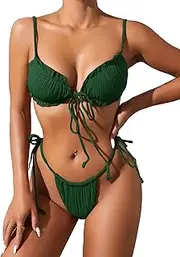 Lilosy Sexy Ribbed Padded String Thong Brazilian Bikini Swimsuit Set for Women Side Tie Knotted Bathing Suit 2 Piece