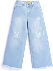 [Knit N Knot] Girls' Ice wash, Light Blue Wide Leg high Waist Flared fit raptured, Torn Fashionable Jeans Pant