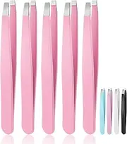 Tanstic 12Pcs Eyebrow Tweezers Set, Stainless Steel Slant Tweezer Precision Splinter Tweezers Hair Removal Tweezers for Men and Women Facial Hair Ingrown Removal (Pink)