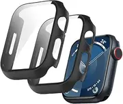 (2 Pack) T Tersely Case Compatible with Apple Watch Series 9 8 7-45mm, Built-in Thin HD Tempered Glass Screen Protector Overall Cover Replacement for iwatch S9/S8/S7 (Black)
