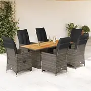7 Piece Garden Bistro Set with Cushions Grey Poly Rattan,Outdoor Furniture Sets-3276891