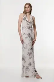 Sheer Viscose Georgette Sketchy Floral Deep V Woven Halter Neck Dress