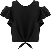 [iiniim] Big Girls Plain Short Flutter T Shirts Kids Basic Ruffle Sleeve Off Shoulder Tank Tops Blouse Tee Casual Wear