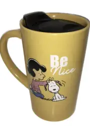 PEANUTS Travel Coffee Mug Snoopy & Lucy “BE NICE” 18 Oz Yellow Stoneware Cup