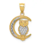 14K Yellow & Rhodium White D/C Owl On The Moon Pendant