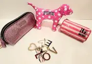 4pc Victoria's Secret PINK mini dog coin purse keychain pencil case plush NEW