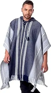 [INTI ALPACA] Hodded Gray and Blue Alpaca Poncho for Men - Home Cloak Cape for Winter Season - Blanket Wool Poncho