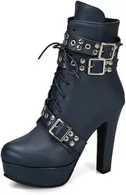 [HOTRA] Ankle Boots for Women with Chunky High Heels Punk Platform Knight Boots Lace Up Buckle Boots Autumn Winter Shoes
