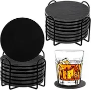 16PCS Slate Coasters, 4 Inch Round Drink Coasters with Holders, Rustic Farmhouse Style Black Marble Coasters for Bar, Kitchen, Coffee Table Decor, Housewarming, Birthday