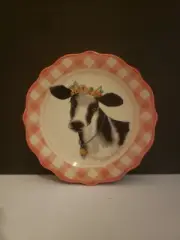 Pioneer Woman Novelty 7" Appetizer Plates Pink Gingham Edge Cow Print