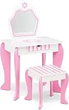 HONEY JOY Kids Vanity Table & Stool Set, 2-in-1 Princess Pretend Play Makeup Dressing Table Set w/Mirror & Drawer, Toddler Vanity Set Writing Desk w/Detachable Top & Cute Flower Patterns, Pink & White