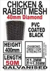 400mm x 50m Roll Chicken Mesh Heavy Duty Black Gal wire PVC Coated 40mm hex