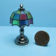 Dollhouse Miniature LED Battery Tiffany Shade Silver Base Table Lamp HW2331
