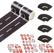 EKIND Black Road Sets 2 Rolls 16.4'X2 Straight Track Road Sticker Tape, 4 Pcs 2" Black Tight Curves, 40 Die Cut Traffic Sign Stickers, for Toy Car DIY Traffic Adhesive Removable Tape (Set A)