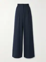 [Veronica Beard] Veronica Beard - Heyser Pleated Metallic Pinstriped Twill Wide-leg Pants - Navy - US12 US 12 Blue