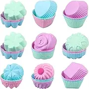 36Pcs Silicone Donut Mold Nonstick Muffins Liners Reusable Bagel Baking Cups 9 Shape Small Donut Pan Heat Resistant Silicone Bakeware for Bagel Muffin Jelly(Colourful,36pcs)