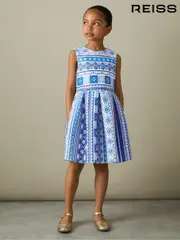 Reiss Blue Print Lena 4-9 yrs Tile Print Scuba Fit-and-Flare Dress (B34810) | $115