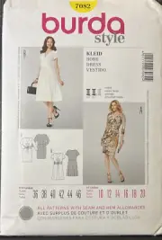 Burda Sewing Pattern 7082 Jersey Gathered Waist Dress Miss Size 10 to 20 Uncut